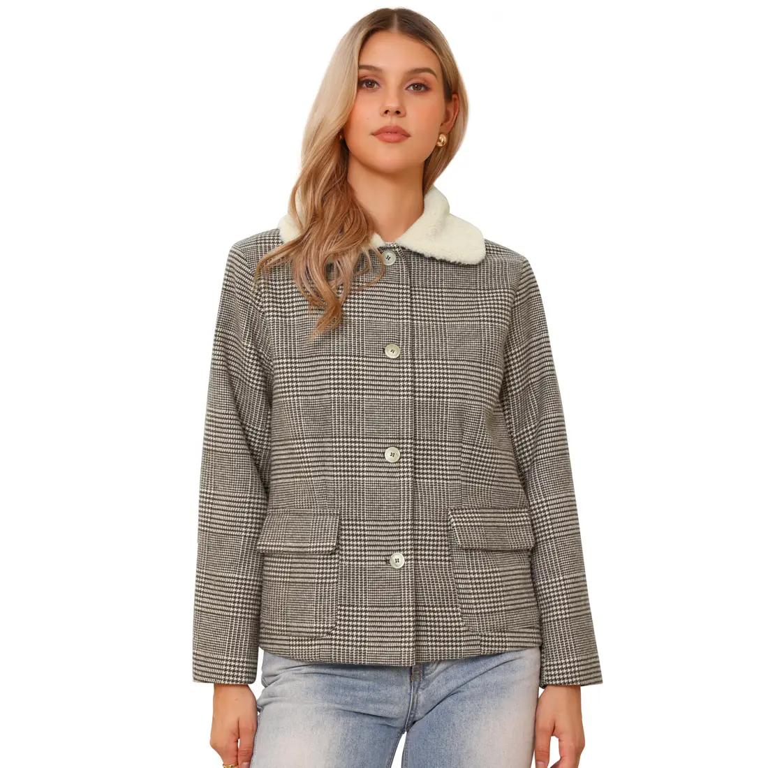 INSPIRE CHIC Women's Houndstooth Jacket Peter Pan Collar Long Sleeve Button Down Vintage Winter Coat