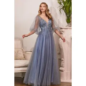 Puff Sleeve Glitter Tulle Gown By Cinderella Divine -CD0182