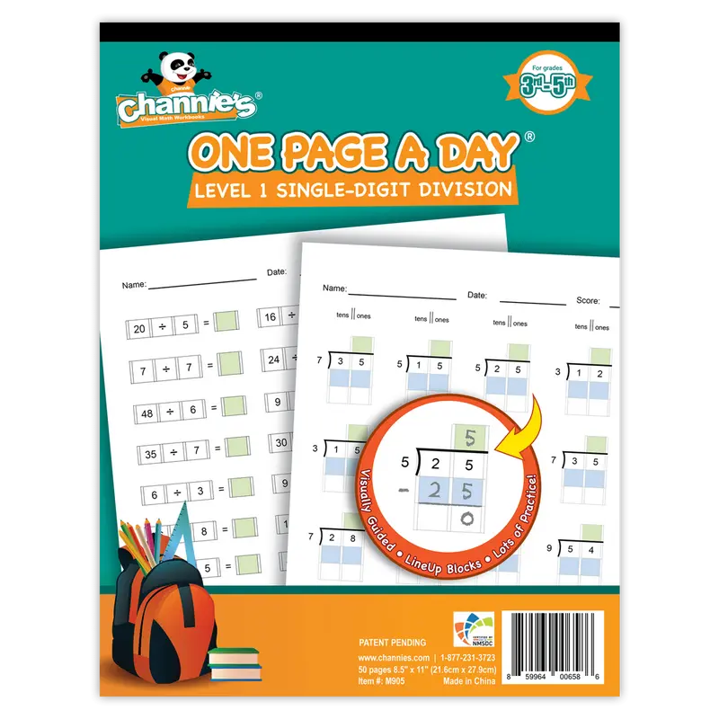 Channie's 1 Page A Day Beginning Division Math Workbook - Visual Division Practice Learning Tool for Grades 3-5 Elementary School Students, 25 Problems Per Page, Travel-Friendly for Parents