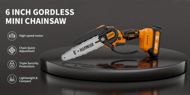 HANWISE 12 inch brushless electric chain saw features an enhanced handheld design with cordless and portable functions. It is very suitable for cutting wood, maintaining yards and gardens. It is an excellent gift choice for men and husbands.