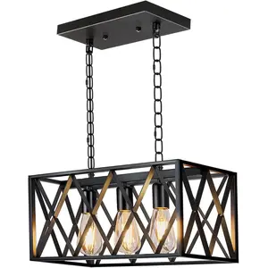 Industrial Kitchen Island Pendant Lighting, Rectangular Vintage Rustic 3-Light Hanging Pendant Light Fixtures for Kitchen Farmhouse, Bar, Dinning Room