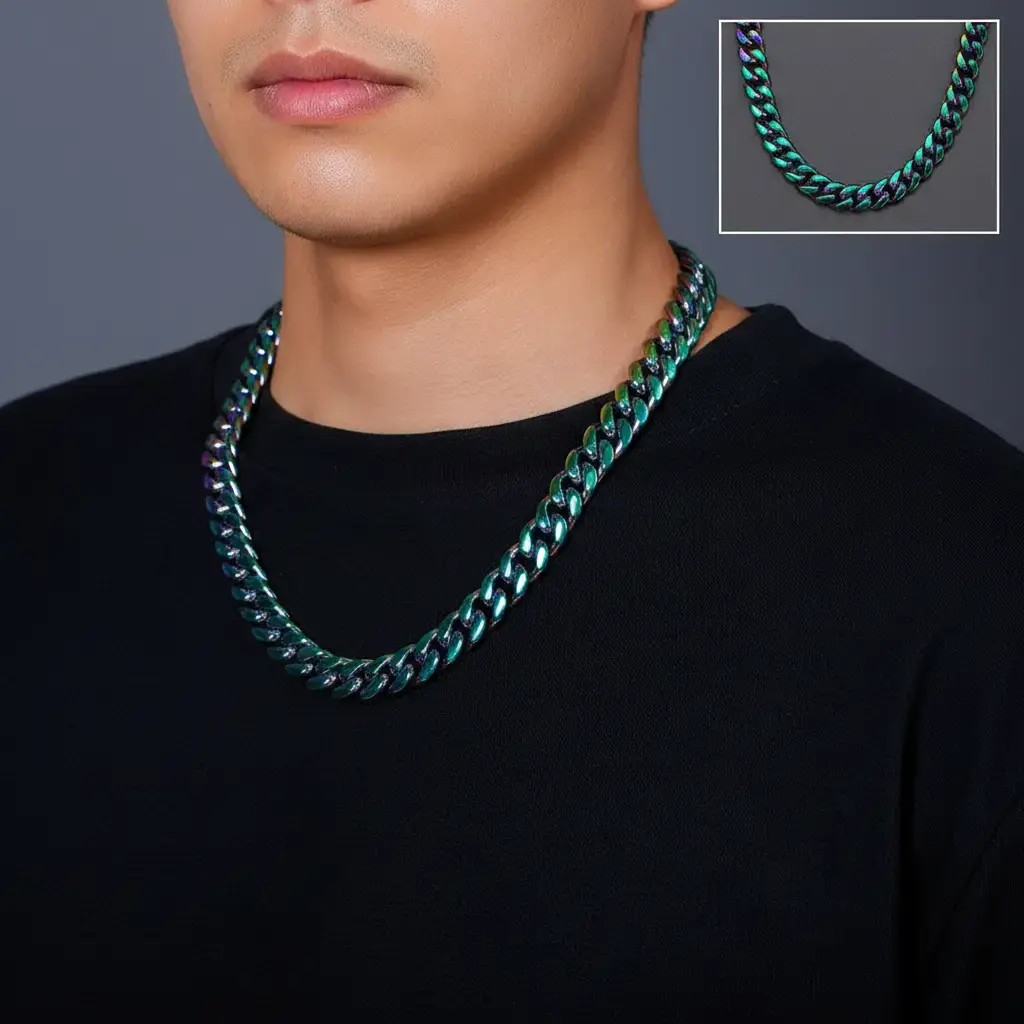 14mm Rainbow Colorful Stainless Steel Cuban Link Chains Hip Hop Multicolor Chunky Heavy Cut Curb Necklace for Men