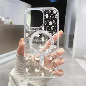 Tulips with Bunny Pattern Magnetic Phone Case Supports Wireless Charging for iPhone 15 16 17  14 Pro Max 13 12 11 XR XS Plus Shockproof Non Slip Protection Silicone Transparent Acrylic Large Hole Cover Cellphone Protective