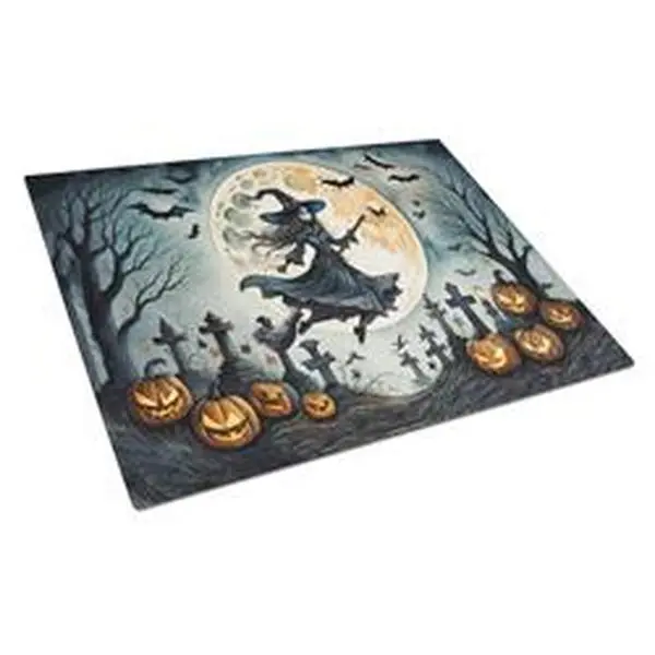 Unisex Printed Tempered Glass Cutting Board - 15x12 in. Large Non-Slip Round Decorative Spooky Halloween Flying Witch Artwork Chopping Board for Household Kitchen Use