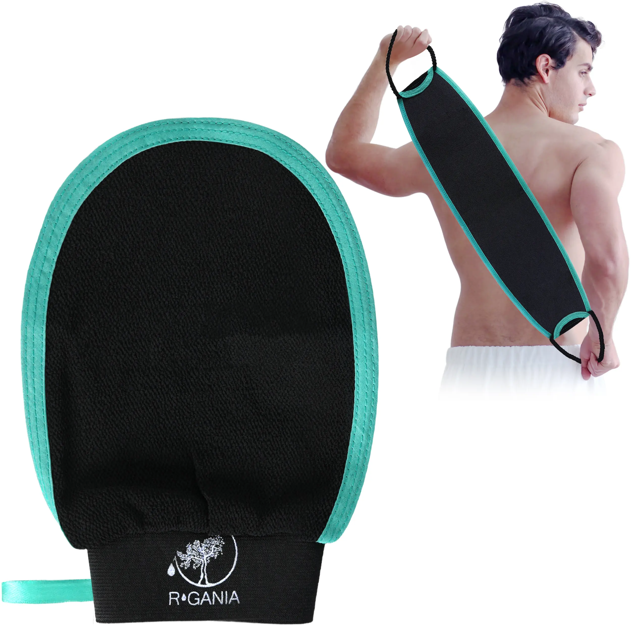 Moroccan Exfoliating Glove & Back Scrubber from R'GANIA. Skin Exfoliator & Dead Skin/Spray Tan Remover. A Must Have Combination for Men and Women. Smooth soft Skin After One Use.