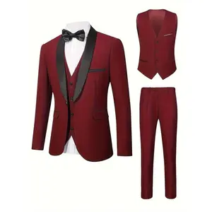 Men'S 3pcs Set Of Formal Wear, Shawl Lapel Collar Buttoned Blazer, Tuxedo Waistcoat And Dress Pants, Elegant And Smart Set For Banquet, Prom And Party Wear