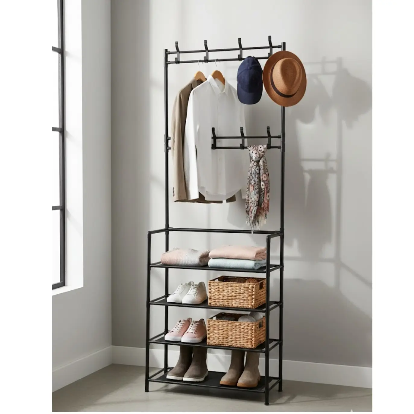 Sturdy Multifunctional Heavy-Duty Metal Hall Tree Coat Racks Organiser - Adjustable Structure with Shoe Rack Seat, Garment Rod, 4-Tier Storage Shelves, Space-Saving Stable Organizer for Entryway, Bedroom