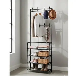 Heavy-Duty Metal Hall Tree with Shoe Bench, Coat Rack, Garment Rod & 4-Tier Storage Shelves for Entryway or Bedroom Organization