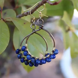 Lapis Lazuli Hoop Earrings Handmade Copper and Gold Plated Jewelry with Blue Beads for Women