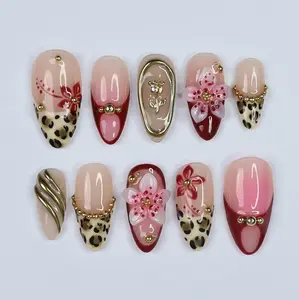 Luxury Cherry Blossom Leopard Press On Nails, Almond Nude Pink and Burgundy Nails, 3D Sakura Flower, Drench Tipsm Gold Beads Accents, Metallic Ribbon Art, Coquette Glam Design