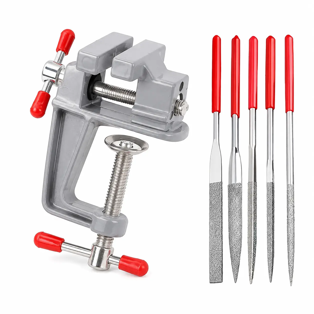 Mini Bench Vise & Diamond Needle File Set, Clamp-On Vise with 5Pcs Files for Jewelry Making, Metal Filing, Crafting and Small Parts Repair