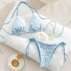 Light Blue Zebra Print Halter Triangle Bikini Swimsuit Set – Cheeky Side Tie Bathing Suit for Summer