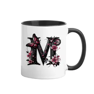 Floral Initial M Coffee Mug, Pink Butterfly & Flower Monogram Design, Personalized Letter M Gift, Birthday & Bridesmaid Ideas, 11oz Two-Tone Ceramic Tea Cup
