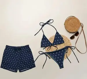 Navy Blue Matching Swimwear Set Bikini Womens and Mens Swim Shorts Couple Beach Outfit Romantic Vacation Gift