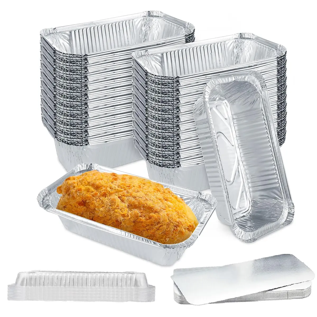 Disposable Loaf Pans With Lids, 50 Pack, 8 X 4.3" Bread Pans, Food Storage Containers, 2 Lb Aluminum Loaf Pans, Pastry Boxes, Perfect For Baking Storing And Street Treats Takeout