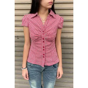 Y2K Red Gingham Checkered Puff Sleeve Fitted Shirt