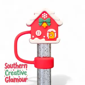Red Gingerbread House Christmas Silicone 3D Straw Topper Cup Drinkware
