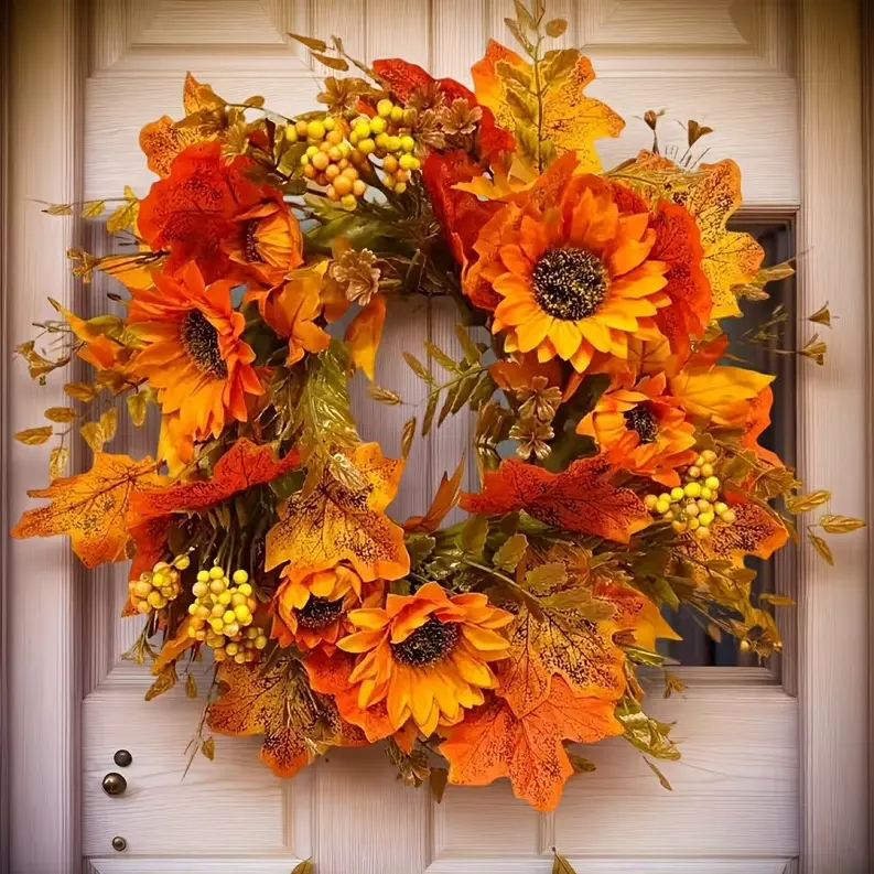 Autumn Sunflower & Maple Leaf Wreath, Vibrant Fall Front Door Decor with Berries, Harvest Thanksgiving Wreath for Home Entrance, Seasonal Rustic Floral Hanging Ornament for Indoor & Outdoor Farmhouse Wall Decor, Warm Harvest Party Atmosphere