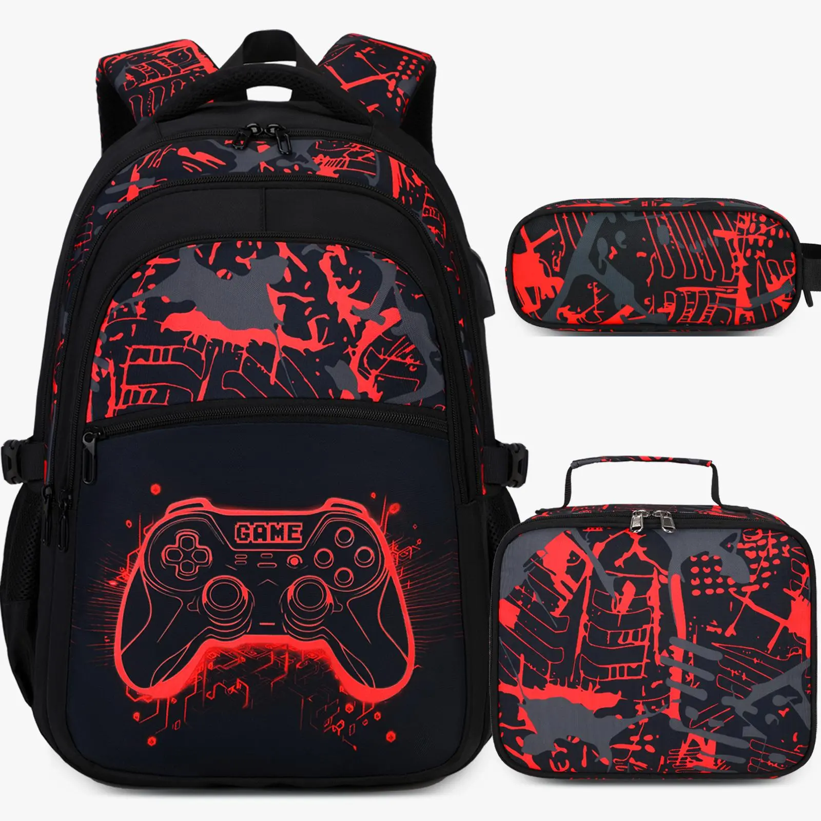 3PCS(Boys Backpack with Lunch Bag & Pencil Pouch)-Red Print