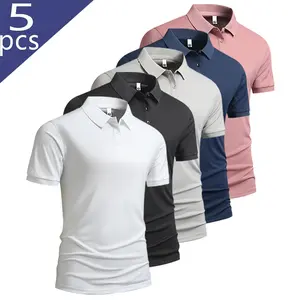 5-Pack Men's Ice Silk Shirts - Short Sleeve Breathable Summer Golf Business Casual T-Shirts with Collar, Slim Fit, Wrinkle-Free - Elegant Collar Design Suitable for Office and Golf Course