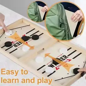 Wooden Air Hockey Game  for Two Players with Elastic Cord Fun for Home and Party Party Favors （The board size is 15in * 12in * 2in, with 5 black and 5 white chess pieces.）