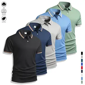 Men’s summer short-sleeve polo shirt, 5-pack; collared tops with contrast piping; solid-color light‑weight short‑sleeve polos available in multiple colors; casual athletic menswear tops suitable for work and everyday wear.