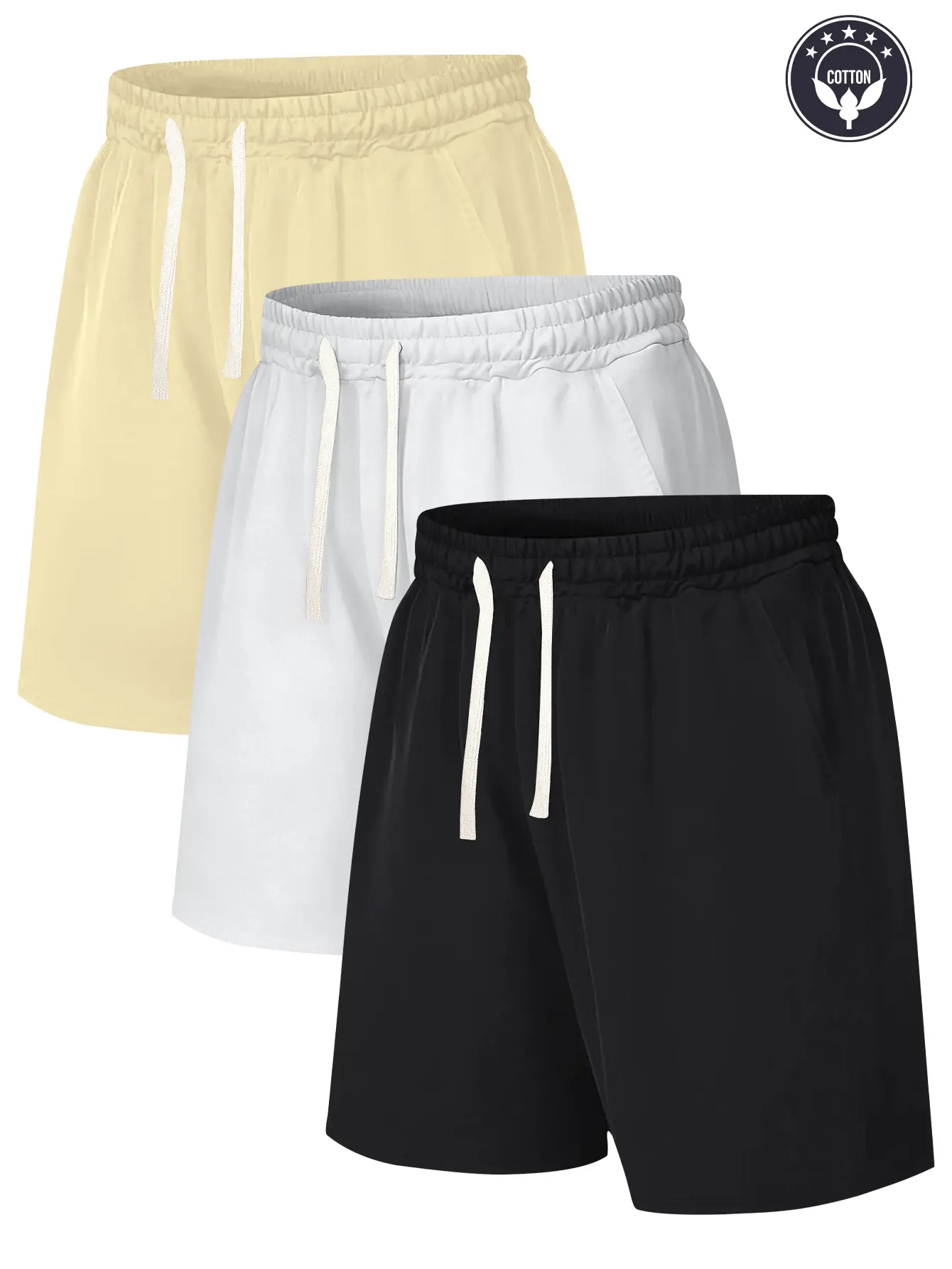 Men’s 3-Pack Summer Solid Color Cotton Athletic Shorts — Casual Loose Fit Waistband Beach Shorts with Pockets, Street Style, suitable for running, golf, fishing, basketball, camping, gym, swimming, and the beach; a great gift for men
