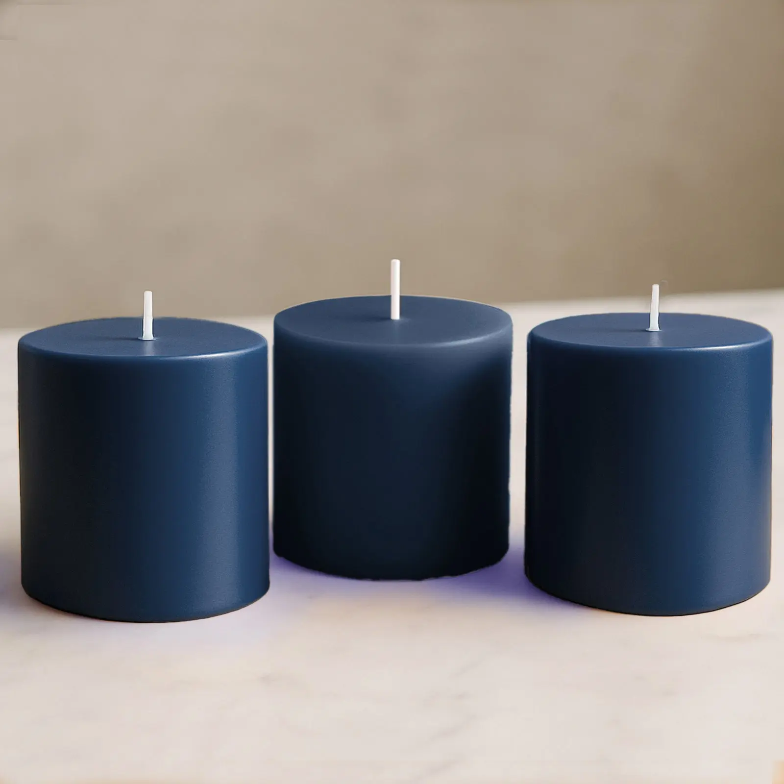 6-Pack Solid Navy Blue Household Pillar Candles - 3"x3" Unscented Dripless Paraffin Wax, Smokeless Cotton Wick, Clean 30-Hour Long-Lasting Burn for Home Decor, Churches, Room Decor, Smokeless Wick