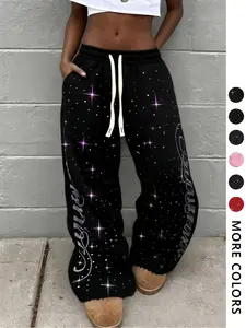Unisex Rhinestone Casual Long Pants, Sparkling Water Drill Decor, Full Star Letter, Street Style, All Seasons, Fitted, Casual Bohemian Trousers