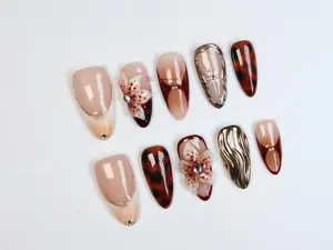 Tortoise Shell Floral 3D Press On Nails, Autumn Reusable Nail Set
