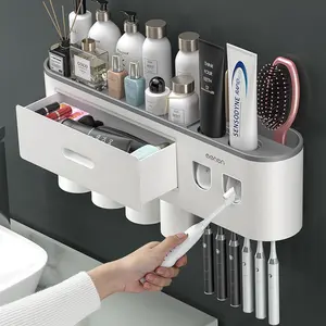 2-in-1 No Drill Toothbrush Holder - Bathroom Wall Mount Organizer within Toothpaste Dispenser & 4 Cup Slots, Space Saving Dental Care Set, Toothbrush Storage, Bathroom Accessory, Organizing