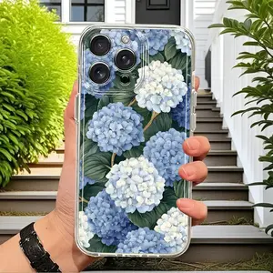 Blue and white hydrangea, cartoon transparent shockproof full-cover TPU simple and stylish soft case, suitable for iPhone 17/16/15/14/13/12/11/X/XS/XSMAX/XR/7P/8P/16E/17E, is a holiday gift for friends, family, and yourself