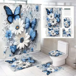 1/4pcs Romantic Blue & White Floral Shower Curtain Set with Vibrant Butterflies, Elegant Bath Mats & Toilet Seat Cover, Coordinated Bathroom Decor - Perfect Spring Theme Bathroom Decor for a Fresh and Inviting Retreat
