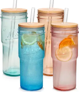 ANOTION   24oz Colored Glass Cups with Bamboo Lids and Straws -Travel Coffee Mug Wide Mouth Mason Jar Iced Coffee Cup Smoothie Cup Glass Tumbler Cute Cups Drinking Glasses