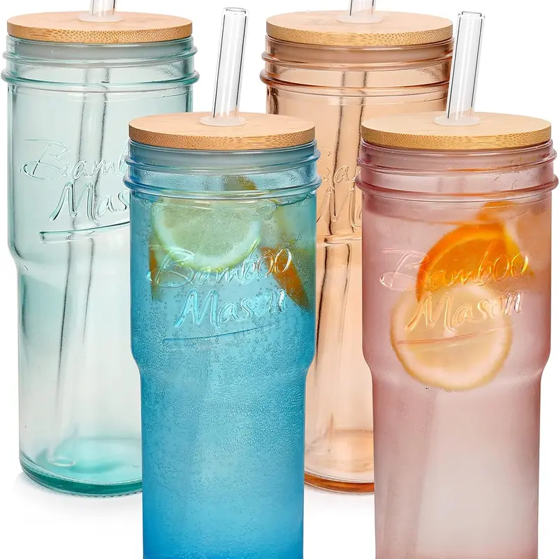 ANOTION 24oz Colored Glass Cups with Bamboo Lids and Straws -Travel Coffee Mug Wide Mouth Mason Jar Iced Coffee Cup Smoothie Cup Glass Tumbler Cute Cups Drinking Glasses