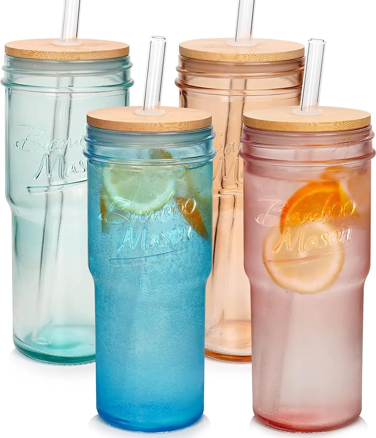 ANOTION FathersDayGift 24oz Colored Glass Cups with Bamboo Lids and Straws -Travel Coffee Mug Wide Mouth Mason Jar Iced Coffee Cup Smoothie Cup Glass