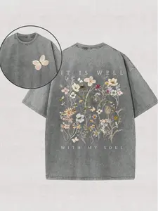 Vintage Washed "Flower And Butterfly" Double-Sided Graphic Tee | 230gsm Heavyweight Casual Streetwear, Unisex Crew Neck Fit, 100% Breathable Cotton Retro Summer Top for Men & Women
