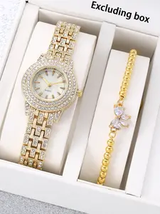 2PCS Full Sky Star Fine Table Band Alloy Quartz Women's Watch Bracelet with No Logo, Fashion Water Diamond Steel Band Bracelet Set