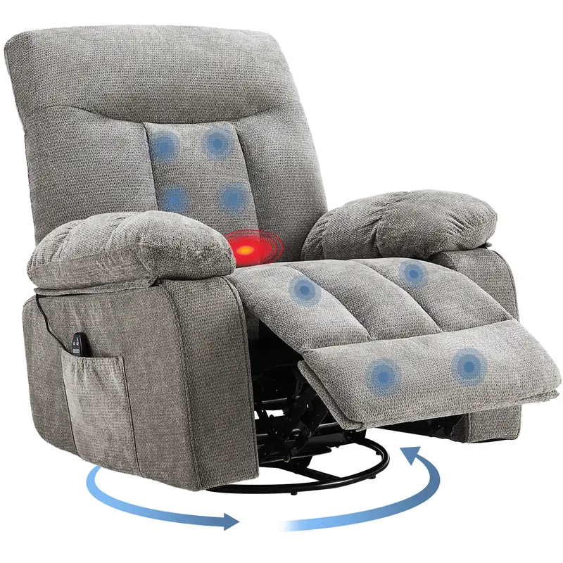 Sweetcrispy Chenille Fabric 270° Swivel Rocker Recliner Chair - 380 lbs Capacity, Adjustable Recline, Multi-Zone Massage Motors, Custom Settings, Massage+Heat, Timer, Stress Relief, Furniture for Bedroom, Man Cave Furniture