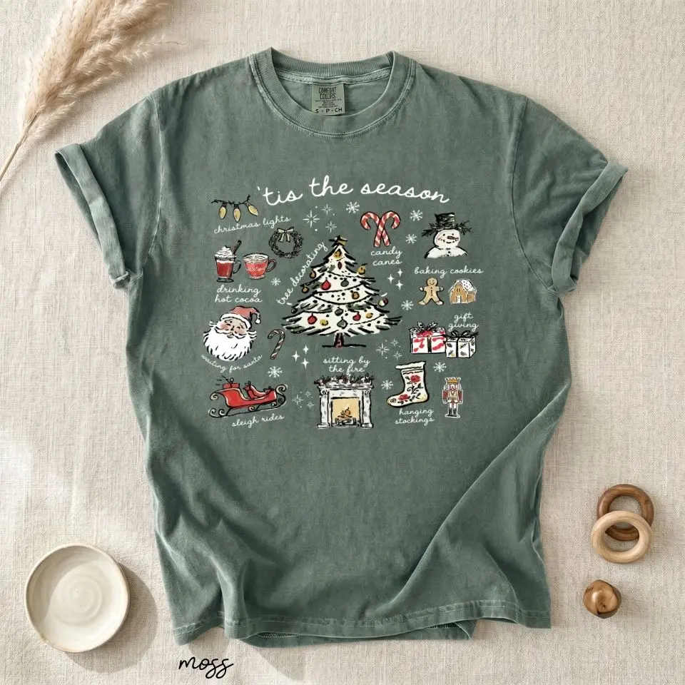 Comfort Colors Tis the Season Christmas T-Shirt, Cute Holiday Collage Graphic Tee for Women, Santa Snowman Tree Shirt, Xmas Gift, Cozy Winter Holiday Top