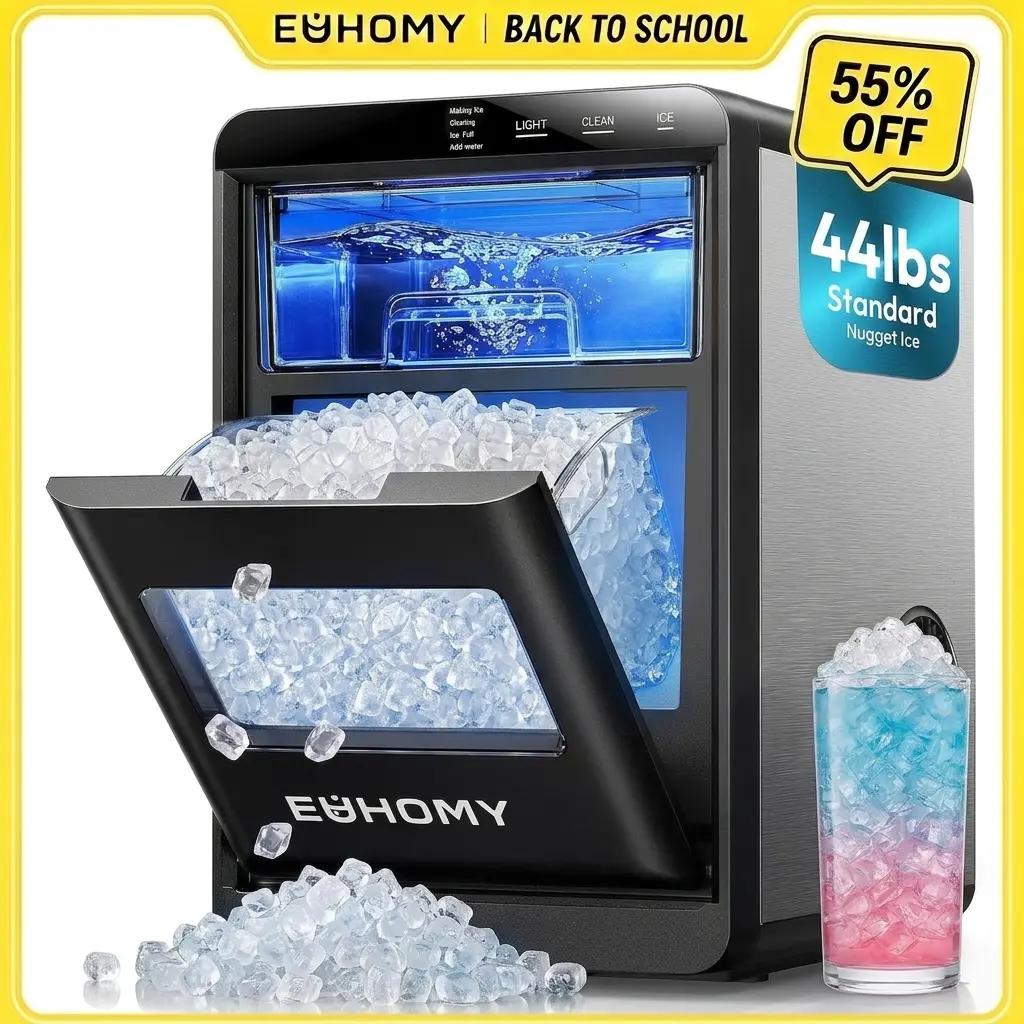 【Back To School】Euhomy Nugget Ice Maker Countertop, 44Lbs/24H Pebble Ice Maker Machine, Self-Cleaning Pellet Ice Machine with Ice Scoop&basket, Sonic Countertop Ice Machine for Home/Kitchen/Office(Black),home essentials
