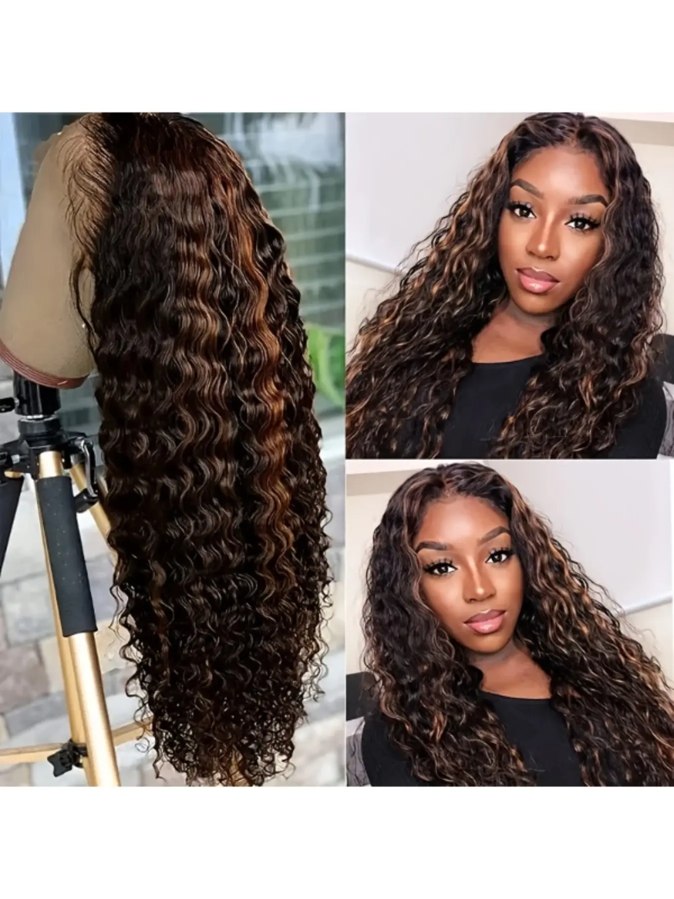 1B/30 Brown Highlight Deep Wave Wig - 180% Density 13X4 HD Lace Human Hair, Ready to Wear with No Glue, Curly Wig for Women, Glueless Ready to Wear Wig, Wavy Wigs