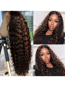 1B/30 Brown Highlight Deep Wave Wig - 180% Density 13X4 HD Lace Human Hair, Ready to Wear with No Glue, Curly Wig for Women, Glueless Ready to Wear Wig, Wavy Wigs