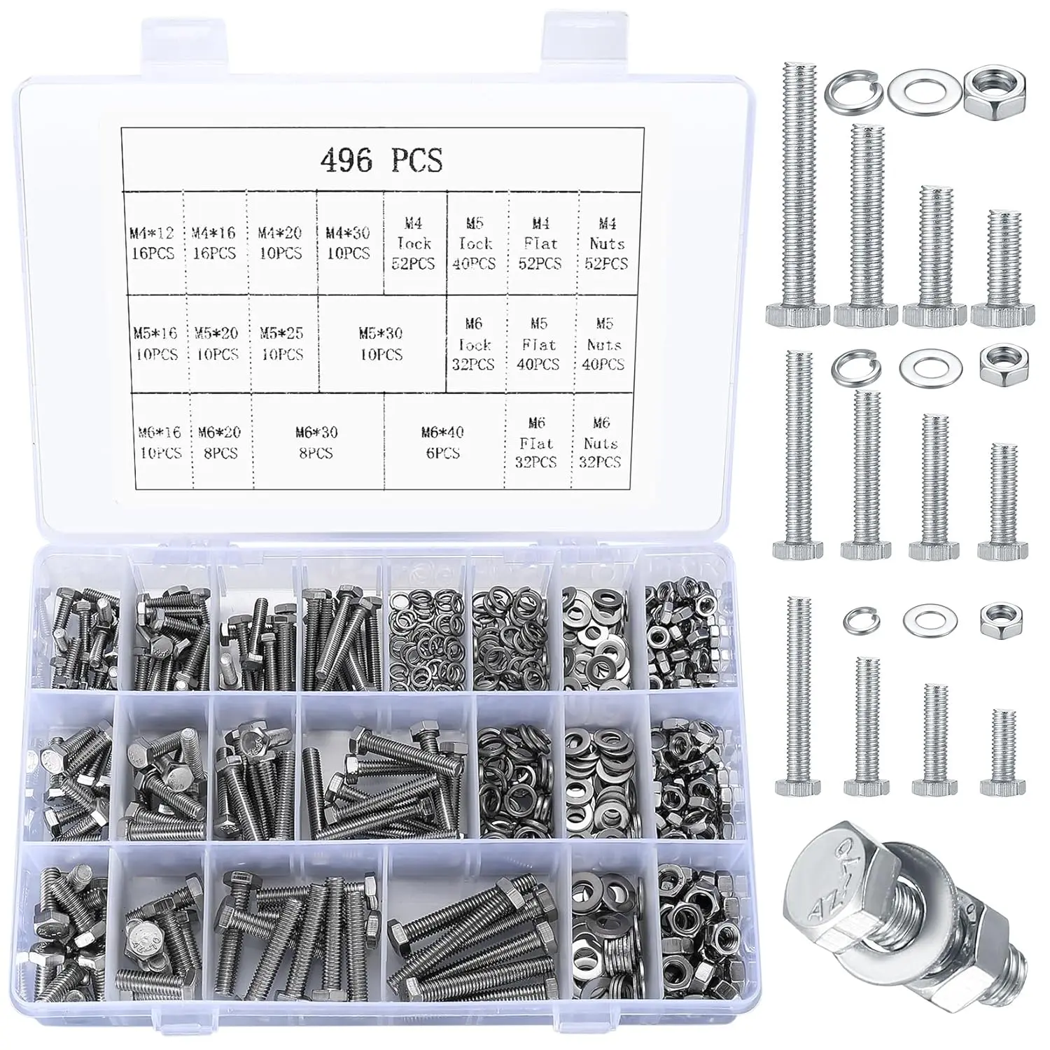 Hex Bolts and Nuts and Washers Assortment Kit, 496 Pcs Metric Hex Head Nuts and Bolts Kit, Stainless Steel Machine Screws Bolts Nuts Flat & Spring Lock Washers Set - M4 M5 M6