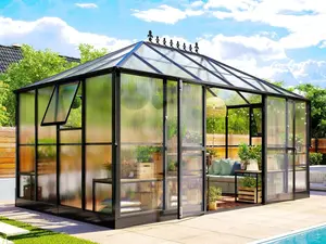 【Ships in 3 Boxes】AMERLIFE 14x10x9 FT Polycarbonate Greenhouse- 6 FT Wall Height Outdoor Aluminum Greenhouses with 2 Ventilation and Rain Gutter, Double Doors with Hook
