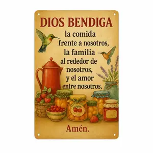 20*30cm (7.9*11.8in) Strong & Tough Aluminum Sign - Pre-Drilled 4-Pin Holes & Smooth Rounded Corners - "Dios Bendiga" Spanish Kitchen Prayer Wall Decor