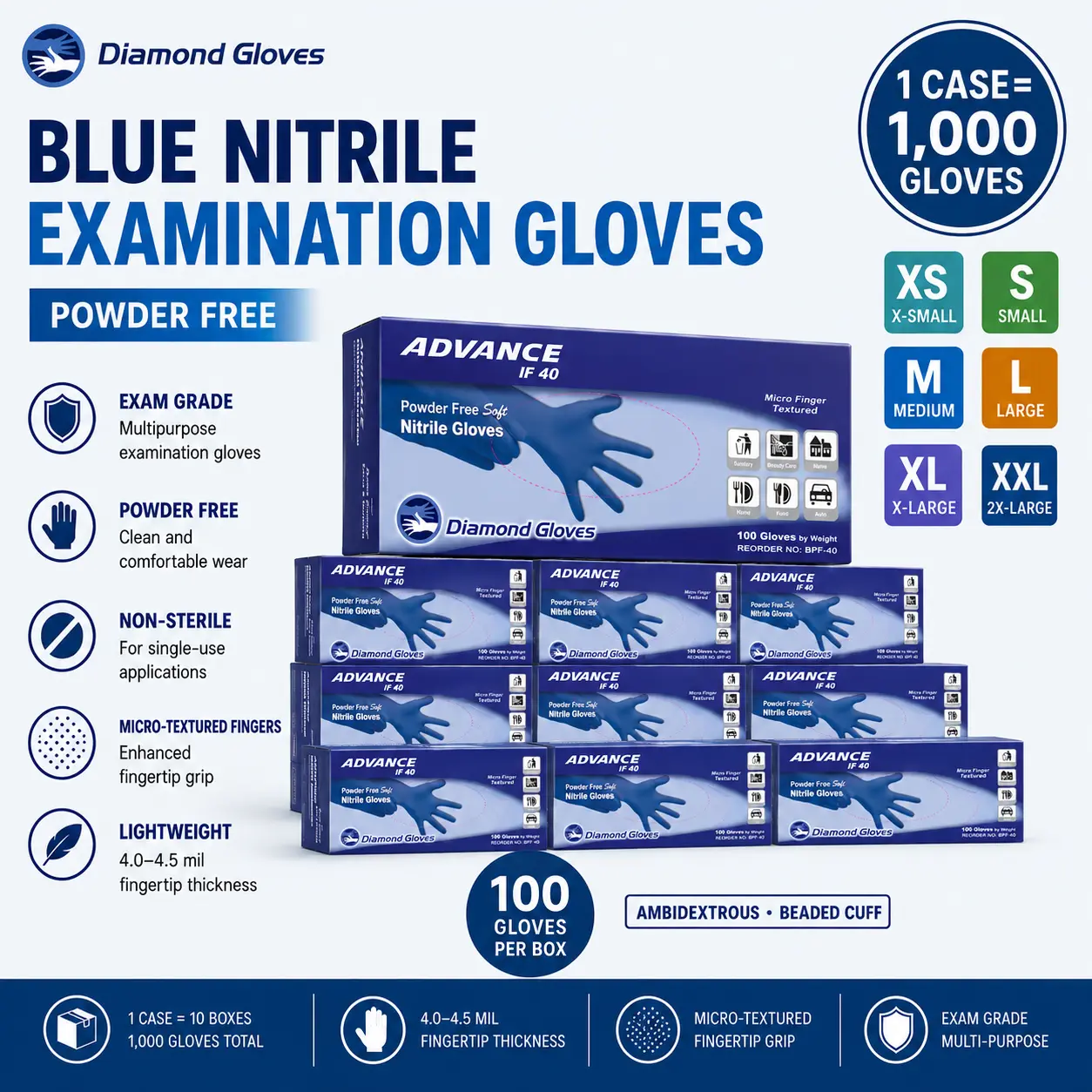 BLUE NITRILE GLOVES, CASE OF 1000, 4 MIL EXAM GRADE, POWDER-FREE, PREMIUM DISPOSABLE (XS S M L XL)