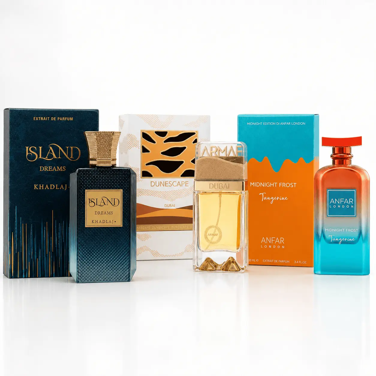 Khadlaj Island Dreams + Armaf Dunescape + Anfar Midnight Frost Tangerine Unisex Extrait de Parfum Bundle Fresh Citrus Woody 3 x 100ml
