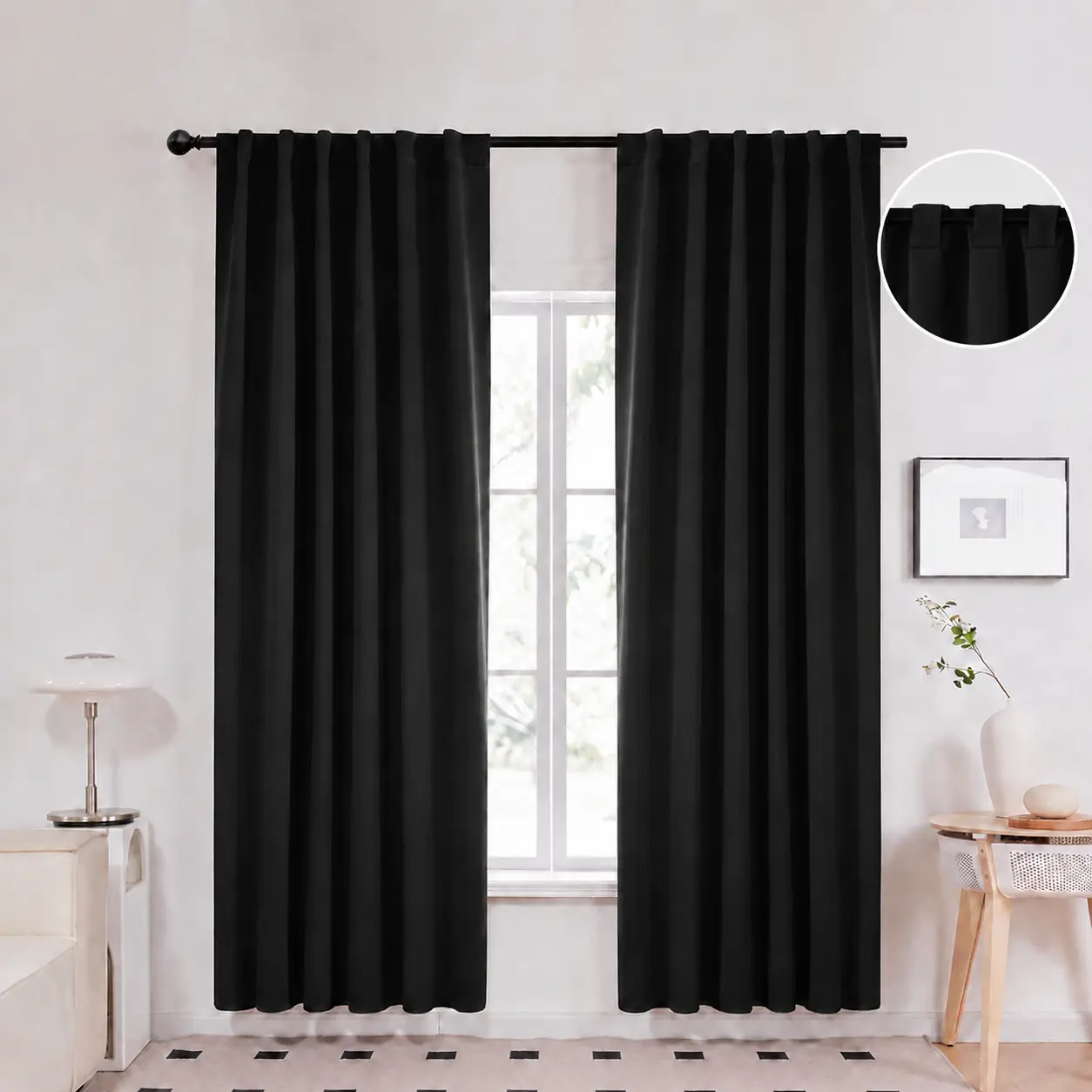 Deconovo 2-Panel All-Black Blackout Window Drapes - 85%-95% Light Blocking, Single Layer with Back Tab & Rod Pocket, Thermal Insulated Soundproof Curtains for Bedroom, Living Room Decor