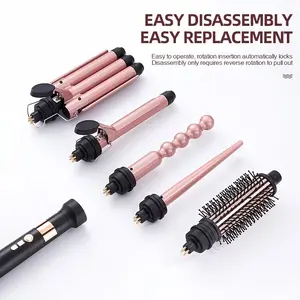 5-In-1 Curling Iron Set, 4 Interchangeable Curling Rods & 1 Brush, Instant Wave, Curl, Volume Effect, Perfect Gift, 100v-120v Voltage, Rotating Curling Iron